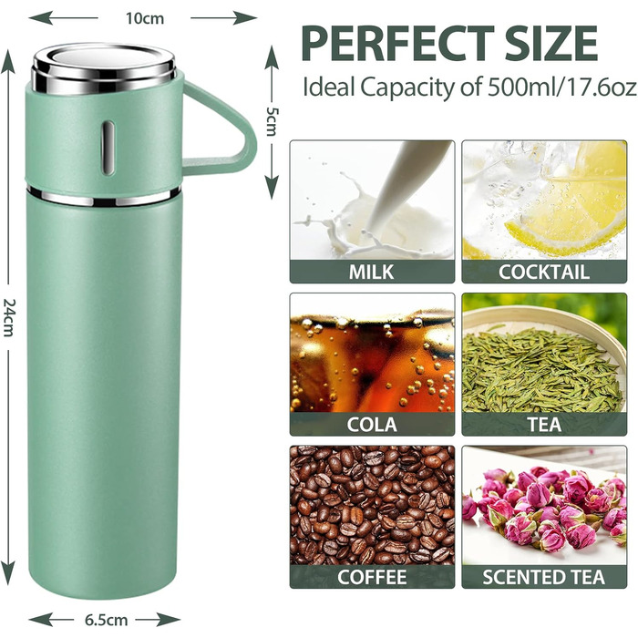 Stainless Steel Thermos Flask with Cup and Handle - 500ml Insulated Travel Mug - Leakproof, Double-Walled, Vacuum-Sealed - Keeps Hot/Cold for 12 Hours - for Kids, Sports, Outdoors (Black, Green)