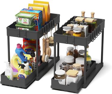 Dish Cabinet Organizer - 2 Pack Under Sink Shelf Organizer - Pull Out Storage Shelf Organizer with 16 Hooks, Black