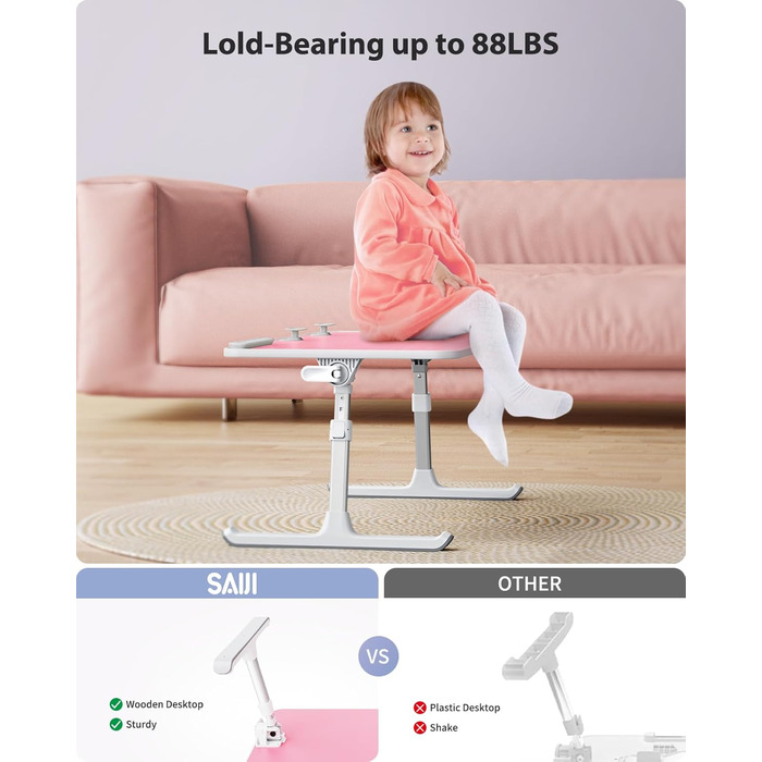 SAIJI Підставка для ноутбука на ліжко - регульована висота, складний столик для дивану/підлоги, для роботи/навчання/читання/їжі, підходить для ноутбуків до 17 дюймів (52*30 см), Рожевий