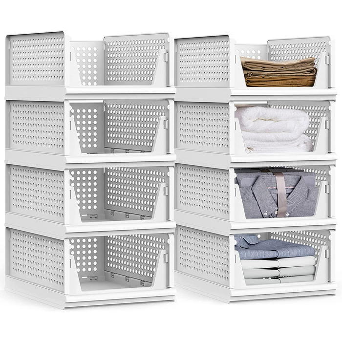 5 Foldable Plastic Storage Boxes, Drawer Box, Stackable Closet Organizer, Shelf Storage Box, Shelf Baskets Closet, Stackable Drawer Storage Boxes, for Kitchen Bedroom, White (8 Pieces L)