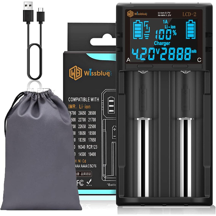 Зарядний пристрій LCD для акумуляторів AA, AAA, 18650, 26650, 21700, RCR123A, NI-MH/NI-Cd, 3.7V/1.2V, 2A, з дисплеєм