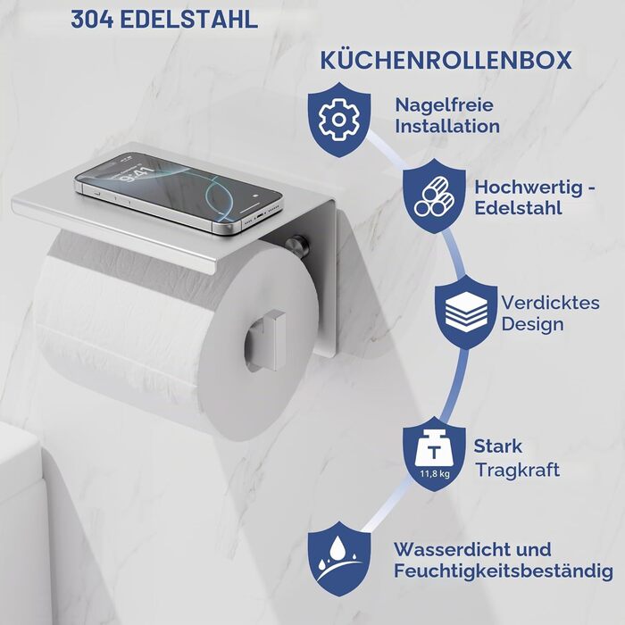 Тримач для туалетного паперу Aikzik без свердління, stainless steel, з 2 клейкими гачками, для ванної кімнати, чорний/сріблястий