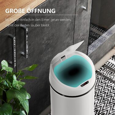 Сміттєве відро Ribelli з датчиком - автоматичне відкривання/закривання, Klemmring для пакетів, знімний кришка, LED-індикатор (30 л, білий/оптимальний для саду)