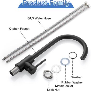 Чорний кухонний змішувач з нержавіючої сталі 304, поворотний вилив, моно-змішувач, стандарт UK, матовий чорний