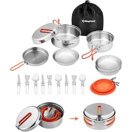 Набір посуду для кемпінгу KingCamp на 2-4 особи: нержавіюча сталь, складане приладдя, ультралегкий набір каструль та сковорідок для кемпінгу