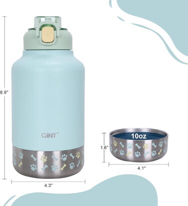 GiNT Термопляшка з нержавіючої сталі для собак та людей, 3-в-1, з мисками та сумкою, вилка-поїльник, для подорожей, прогулянок, кемпінгу, авто (Зелена)
