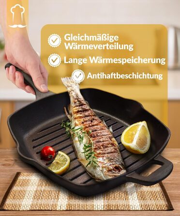 Чавунна гриль сковорода Chefarone 25.5 см з носиком – емальована сковорода для стейків, підходить для індукції, газу, склокераміки та духовки