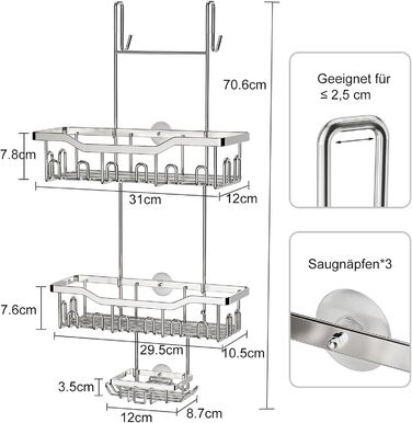 ZUIMENG Shower Shelf, 3 Tier Shower Caddy, No Drilling Shower Shelf, Bathroom Shelf Shower Basket Hanging, Shampoo Holder Shower Hanging Shelf for Glass Door Shower Wall with Soap Dish and Hooks (Silver)