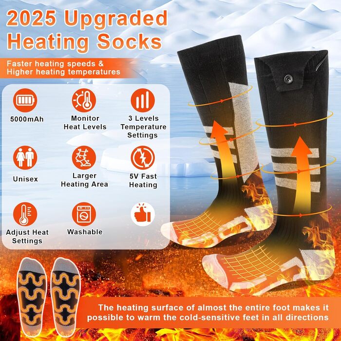 Гріючі шкарпетки для жінок та чоловіків, 5000/8500mAh з додатком, повна підошва, акумуляторні, миючі, 4 режими нагріву, для зимового кемпінгу, полювання, риболовлі, їзди на конях, катання на лижах, розмір M