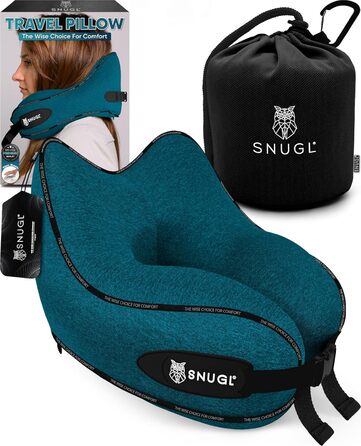 Подушка для шиї SNUGL з Memory Foam, регульована, для подорожей | Зручна подушка-воротник для шиї в літак, авто та в дорогу | Подушка для шиї, Neck Travel Pillow (синьо-зелений)