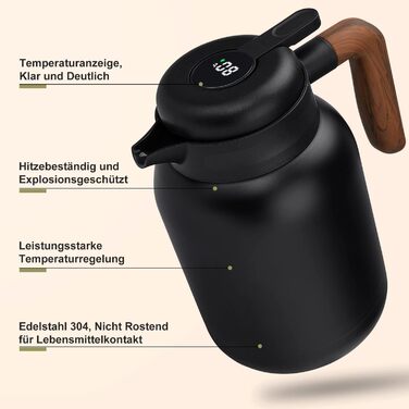 VETIN Thermos Flask with Tea Strainer 1.5L, Double-Walled 304 Stainless Steel Insulated Flask, Tea Pot Thermo with Temperature Indicator, Coffee Pot Thermo 10h Heat/16h Cold