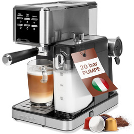 Кавоварка еспресо ProfiCook 2в1 для меленої кави і капсул Nespresso, 20 бар, з молочним резервуаром, еспресо-машина з нержавіючої сталі, PC-ES 1266, модель 2024
