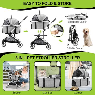 3 в 1 Візок для собак з рознімним сидінням, сумка-переноска, складна конструкція, візок для домашніх тварин та дітей (сірий, до 20 кг)