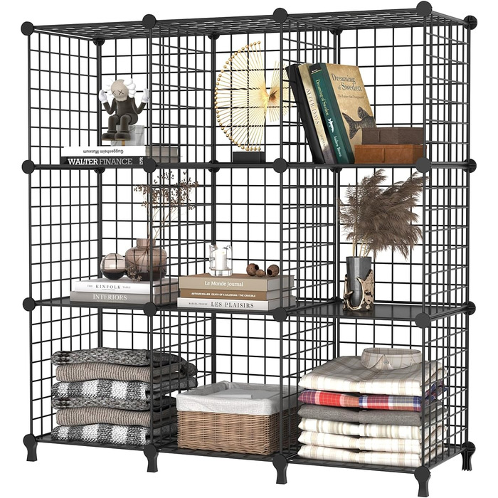 AWTATOS Regal 12 Regal Wire Cube Stackable Shelf Cube DIY Metal Grid Shelf Cube Bookshelf Cube Shelf With Doors For Living Room, Bedroom, Bathroom USCIH12BE (Medium, Black)