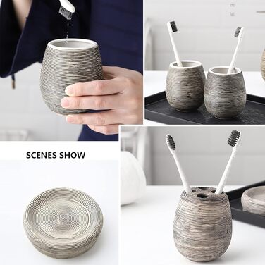 Набір аксесуарів для ванної кімнати Tauzveok з кераміки, 6 предметів: дозатор мила, тримач для зубних щіток, мильниця, стаканчик та підставка. Колір: коричневий.