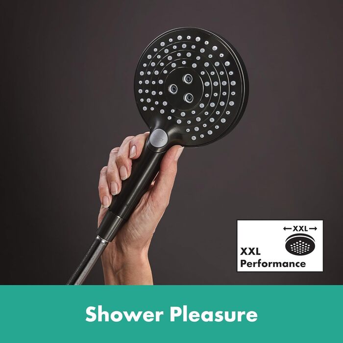 hansgrohe Raindance Select S - water-saving showerhead 9 l/min (EcoSmart), hand shower with 3 spray patterns, round shower head (⌀ 120 mm), water-saving showerhead with anti-limescale function, (with PowderRain jet, Brushed Black Chrome, 3 spray patterns including PowderRain)
