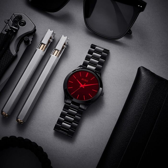 Годинник чоловічий BUREI Minimalist Quartz з нержавіючої сталі 44 мм, елегантний годинник з кварцовим механізмом (Рожеве золото, Чорний)