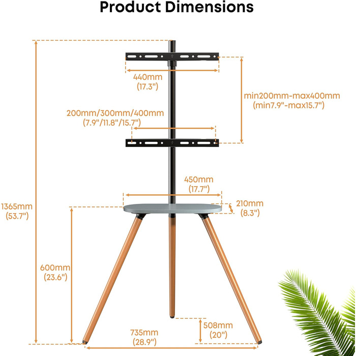 Adjustable TV Stand with Easel Design - Fits 43-65 inch TVs, Max VESA 400x400mm, 35kg Weight Capacity, Wood Tray - White (Black)