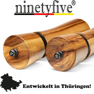 ninetyfive® Wooden Pepper Mill Set | Salt and Pepper Mills + Acacia Wood Coaster and Funnel Spoon | Spice Grinders with Ceramic Grinder (21cm) | High-Quality Gift Packaging