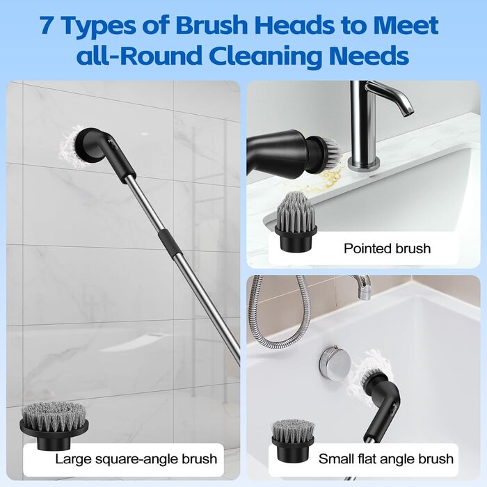 Електрична щітка для чищення ванни та душової кабіни, 7 насадок, бездротова, з висувним ручками, для ванної, кухні та авто (чорна)