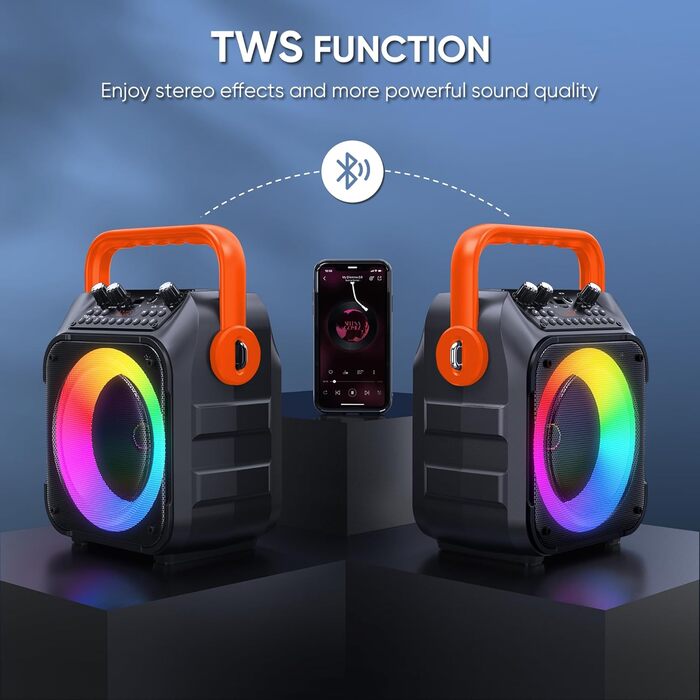 Wowstar Караоке Машина з 2 Бездротовими Мікрофонами, Портативна Bluetooth Колонка з Світловим Ефектом, Підтримка TF/USB, FM, Запис, AUX, TWS для Вечірок, Днів Народження (Помаранчевий)