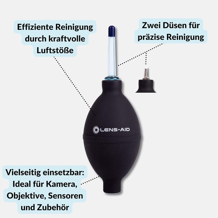 Набір для чищення камери Lens-Aid 3 в 1: повітряний насос, олівець для чищення та 5 мікрофібрових серветок. Підходить для сенсорів, об'єктивів, камер, дисплеїв, фільтрів та оптики. Ідеальний для фотоаксесуарів та техніки.