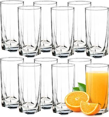 KADAX Drinking Glasses Set of 12, made of high-quality glass, thick-walled juice glasses, ribbed glasses for water, drinks, juice, party, cocktail glasses, beverage glasses (SET OF 12, 380ml tall)