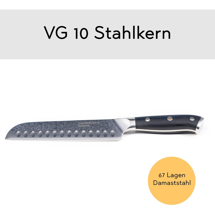 Ніж HansaKüche Santoku з дамаської сталі: професійний кухонний ніж з G10 ручкою, 67 шарів, висока якість