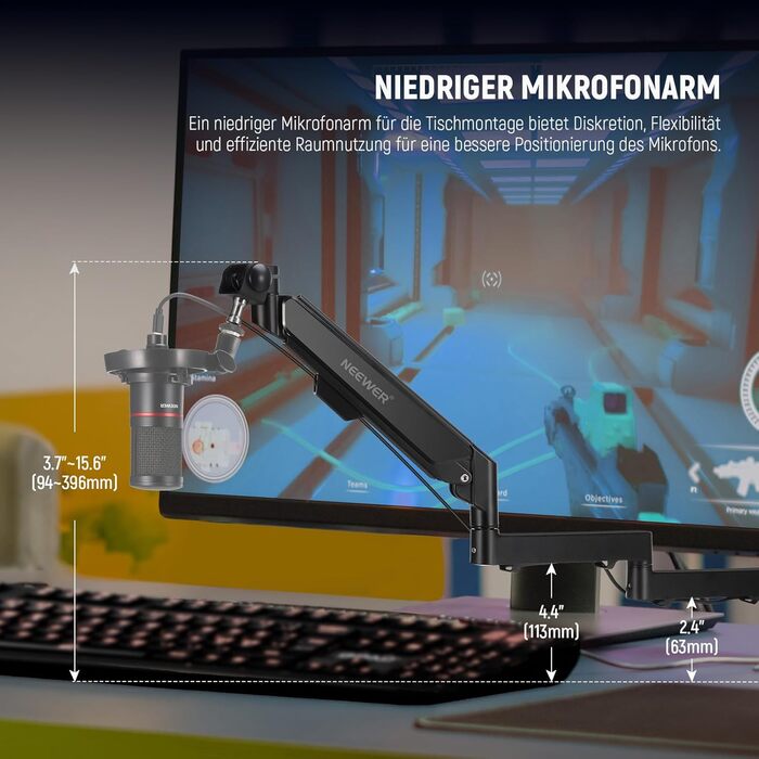 NEEWER Мікрофонний кріплення-тримач MS002 з низьким профілем, 360° обертання, для подкастів, геймінгу, стрімінгу, з каналом для кабелів та серветкою для чищення