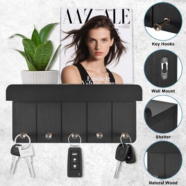 Дерев'яне ключниця з полицею, настінна | 5 гачків | для прихожей, кухні, спальні (чорний)