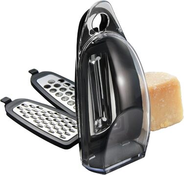 Palm Grater - Comfortable Compact Hand Grater. Vertical and Horizontal Hanging on Hook. Peeler, Slicer, Grater, Zester, All-in-One. Food Storage Compartment. 3 Stainless Steel Blades