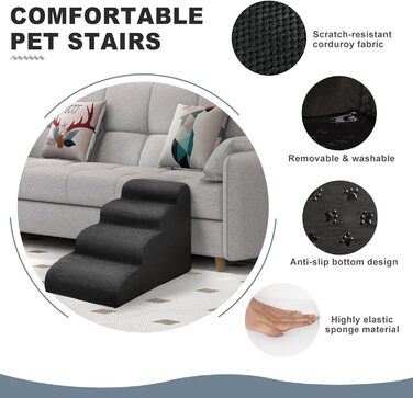 Сходинки для собак Mozvvco: 4 сходинки, м'який матеріал, знімна оббивка, чорного кольору