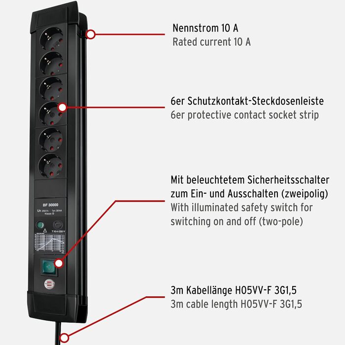 Бренненштуль Преміум-лайн: мережевий фільтр 6 розеток з захистом від перенапруги до 60 000А (з вимикачем та 3м кабелем, для кріплення на стіну, Made in Germany), чорний (струмопровід 30 000 А)