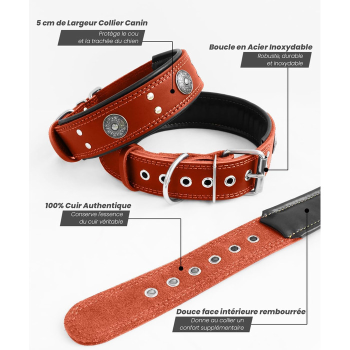 Leather Dog Collar, 5 cm Wide Durable Genuine Leather Collar, Handcrafted, Soft and Luxurious, Eye-Catching Best Choice for Large and Medium Dog Breeds (42-52 cm, red)