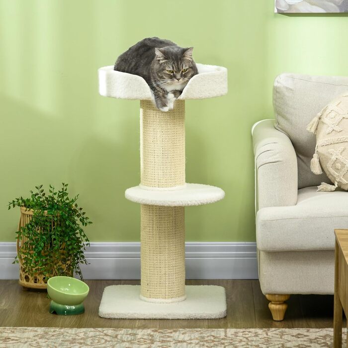 PawHut Cat Tree Small 91 cm Cat Tree with Cat Bed, Cat Scratching Post Activity Tree Scratching Post with Platform for Cats up to 5 kg Sisal Lambswool (Cream White)
