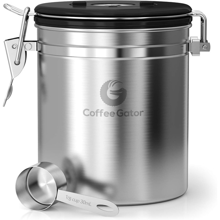 Контейнер для кави Coffee Gator з нержавіючої сталі, герметичний, з датою відкриття, клапаном CO2, мірною ложкою, для кавових зерен, меленої кави, горіхів, чаю, цукру, борошна, у подорожах, срібний, M/Mini