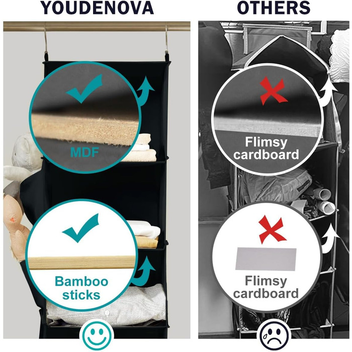 Органайзер для шафи Youdenova з 6 відділеннями: міцна підвісна система зберігання з МДФ та бамбуковими опорами. Чорний колір