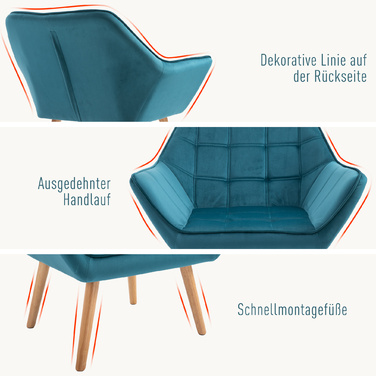 HOMCOM Single Armchair, Recliner Chair, Velvet, Raised Legs, Velvety Polyester, Scandinavian Style, Green, 64x62x72.5cm | Aosom