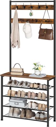 HOOBRO Coat Rack, Shoe Rack with Coat Rack, Clothes Rack with Shoe Storage, Shoe Cabinet with 5 Tiers, for Entryway, Dark Brown EBF80MT01G2