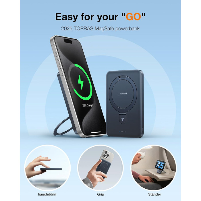 Портативний зарядний акумулятор TORRAS 5000mAh з MagSafe, USB-C, 22.5W PD, для iPhone 17 Pro Max та інших моделей, чорний