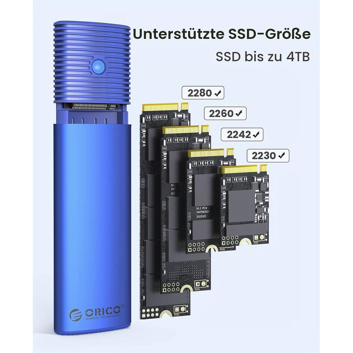 Зовнішній корпус-адаптер ORICO M.2 NVMe та SATA SSD (USB 3.2 Gen 2, 10Gbps), алюмінієвий кейс для SSD 2230/2242/2260/2280, B+M Key, UASP, Trim, без інструментів — PWDM2-BK (Синій)
