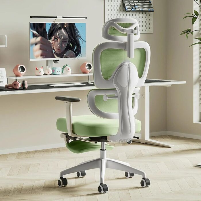 Ергономічне крісло для офісу Musso E600SE з регульованою поперековою підтримкою, 3D-підлокітниками та підголівником, з підніжкою, для жінок, захист спини, зелене