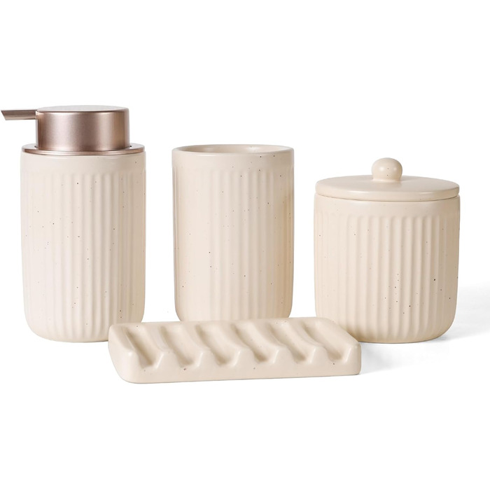 Набір для ванної кімнати з кераміки, 4 шт: мильниця, дозатор для мила, стакан для зубної пасти, контейнер для ватних паличок. Преміум якість, колір: абрикосовий з смужками