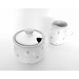 Sugar and Milk Set, White Milk Jug and Sugar Bowl with Hand-Painted Grey Dots, Sugar Bowl with Lid, Creamer Made of Ceramic, Dishwasher Safe.
