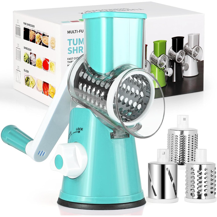 Ручна тертка для сиру та овочів Diealles Shine з ручкою, 3 змінні леза з нержавіючої сталі, для сиру, овочів, горіхів, кави (блакитна)