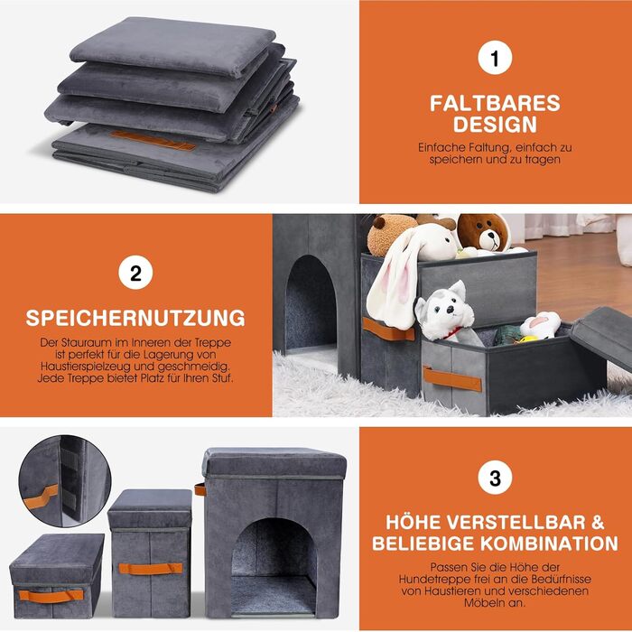Zonema Dog Stairs, Dog Stairs for Small Dogs, Waterproof Dog Stairs 40 cm High, Injury Prevention High-Quality Sponge Cat Stairs, Non-Slip Washable Dog Ramp for Sofa Bed Car (Pet Stairs 3 Steps, Grey)