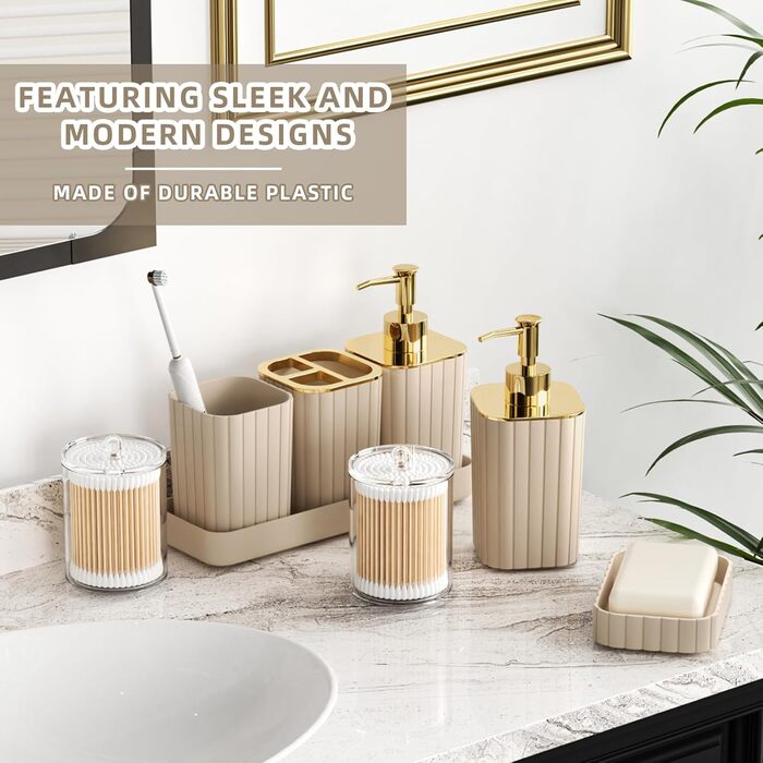 Набір аксесуарів для ванної кімнати – 10-ти частинний зелений набір, WC-щітка, смітник, рушник для ванни, шторка для душу, килимок для ванни (зелений, золото, бежевий)