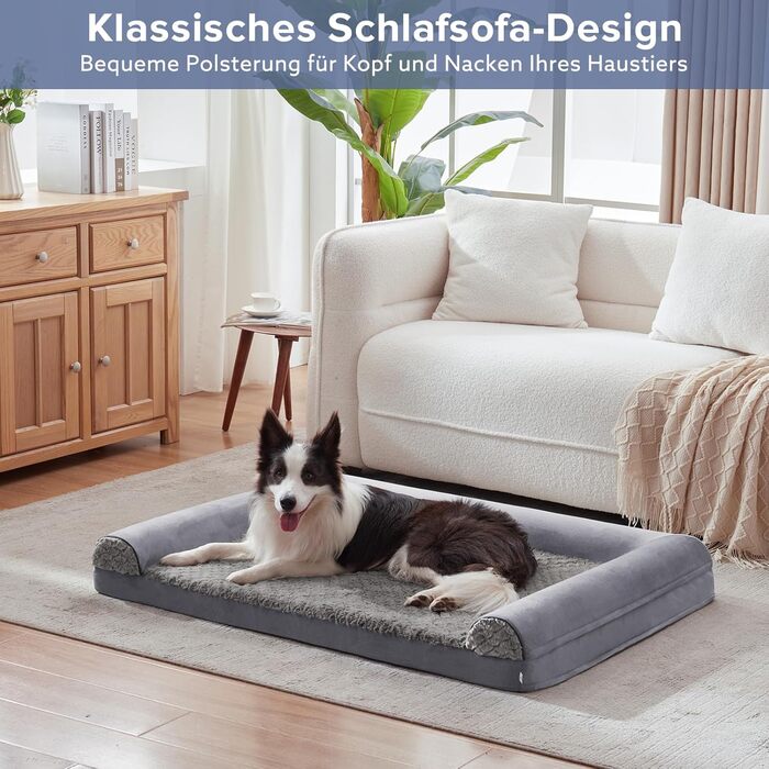 FURTIME Orthopedic Dog Bed for Large Dogs - Ergonomic Dog Cushion - 89x64 cm Dog Sofa Washable Dog Cushion (L - L 89 x W 64 x H 17 cm, Grey)