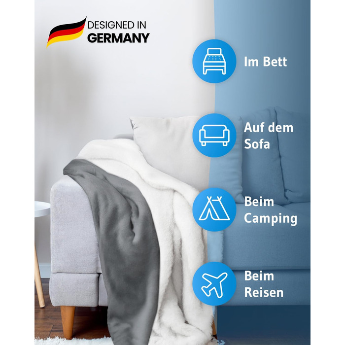 Пухова ковдра KAMI 150x200 см, темно-сіра, Sherpa, для вітальні, дивану, ліжка, з кишенею для телефону та захистом від бруду, тепла зимова ковдра