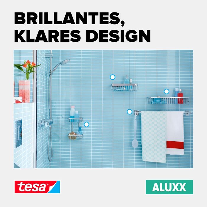 tesa ALUXX Shower Basket, Aluminum, Chrome-plated, guaranteed rust-free, including adhesive solution, deep base, 125 mm x 250 mm x 92 mm